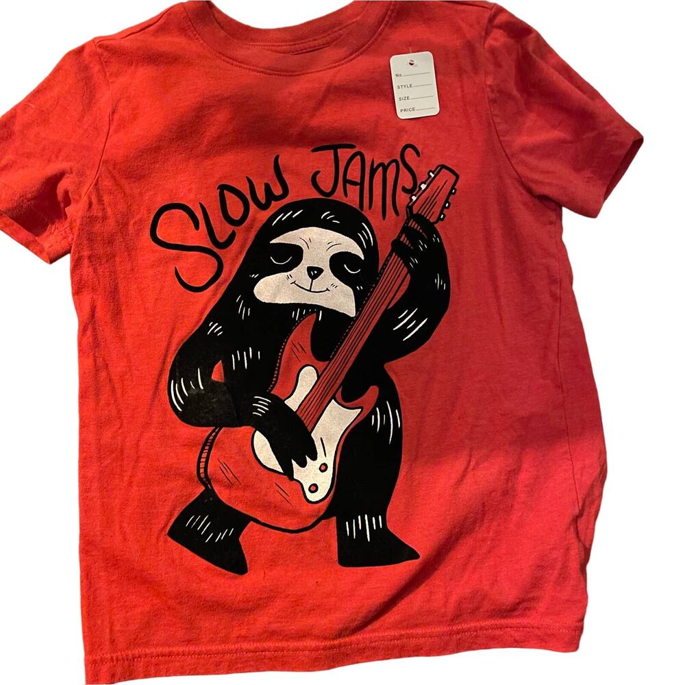 RED SHORT SLEEVE KIDS TSHIRT WORDS SLOW JAM PICTURE OF SLOTH PLAYING GUITAR